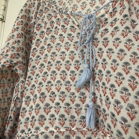 Roller Rabbit Red floral cotton knit lightweight tassle tie blouse top L - Picture 5 of 6